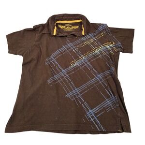 Carbon Mens Brown Graphic Plaid Polo Shirt Short Sleeve Cotton Size Medium M